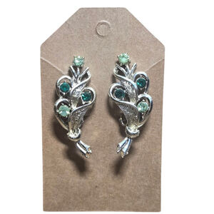 Vintage Women's Clip-on Earrings Silvertone Green Rhinestone Floral Dressy